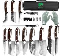 FULLHI Ensemble de 17 couteaux de chef boucher comprenant fourreau Acier à haute teneur en carbone Couteau de cuisine Couperet de légumes avec tang complet Sac de couteau pour barbecue et camping à