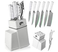 FULLHI Set de 8 couteaux de bloc, Set de couteaux de chef avec bloc et ciseaux, Set de couteaux de cuisine en acier inoxydable, Manche multicolore, Cadeaux pour hommes femmes (Résine blanche)