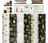 FullJoyHut Ensemble 6 Feuille Papier Cadeau de Noël Papier d'Emballage Kraft 70x50cm Motif Renne Flocons con 6 Étiquette Cadeau Papier,12 Autocollant,2 Rouleaux Cordes pour Présent Cadeaux Noël