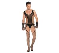 FULLJOYLOVE Body complet en résille pour homme avec gants en dentelle, Noir , taille unique