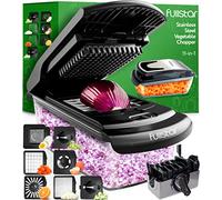 Fullstar Coupe Legumes Multifonction et Spiraliseur - Découpe en Cube - Hachoir Manuel pour Oignons Carottes Concombres Tomates Frites Pommes de Terre Fruits - Cuisine Accessoires (7-en-1 Inox Noir)