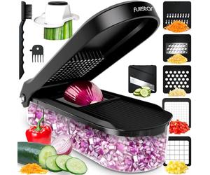 Fullstar Coupe Legumes Multifonctions et Mandoline - Trancheur ou Découpe Cube Oignons Carottes Concombres Frites Fruits - Rapeuse Legume et Fromage - Cuisine Accessoires (Compact 6-en-1 Noir)