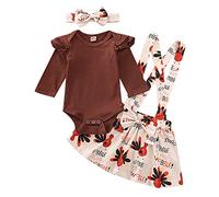 Fulltime Infant Baby Girls Clothes Set Thanksgiving Long Sleeve Romper Turkey Strap Skirts with Headband 2Pcs Outfits (Brown, 6-12 Months)
