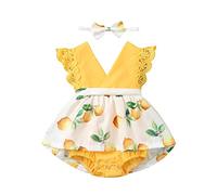 Fulltime® pour 0-2 Ans, Robe de Princesse imprimé Citron en Dentelle pour Filles avec Bandeaux Barboteuse, Robe pour Fille, Robe Maxi, Robe d'été, Robe Blanche (Yellowe,100)