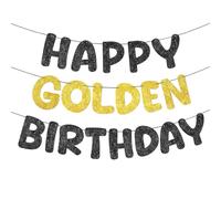 Fulmoon Bannière « Happy Golden Birthday » pré-enfilée à paillettes pour 5e, 21e, 24e, 25e, 28e, 30e, 50e, 60e anniversaire pour hommes, femmes, garçons et filles (noir, doré)