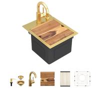 Fulorni Poste de travail d'évier de préparation de bar de 30,5 x 38,1 cm | Bol simple en acier inoxydable de calibre 16 Nano-PVD brossé doré pour camping-car, cuisine extérieure