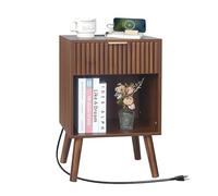 Fultyle Table de nuit avec station de charge, table de nuit cannelée avec ports USB et de type C, table de chevet moderne du milieu du siècle avec tiroir et étagère de rangement pour chambre à coucher