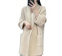 FULUJIDI Cardigan Sweater Manteau Femmes Pull Point Ouvert Tricoté Revers Lâche Épais Chaud Doux Élastique Mi Longueur Dame Manteau Veste Taille Unique Ivoire