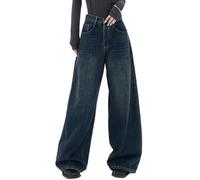 FULUJIDI Jeans Hose Femmes Vintage Streetwear Noir Baggy Jeans Taille Haute Oversize Jambe Large Pantalon Denim Vêtements M Bleu Foncé