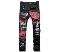 FULUJIDI Jeans Hose Hommes Tartan Patchwork Jeans Punk Rivet Patch Denim Pantalon Lettres Imprimé Slim Straight Pantalon 34 Noir
