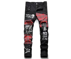 FULUJIDI Jeans Hose Hommes Tartan Patchwork Jeans Punk Rivet Patch Denim Pantalon Lettres Imprimé Slim Straight Pantalon 34 Noir