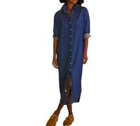 FULUJIDI Robe Femme Robe De Soiree Dress Femme Fille Chemise en Jean Décontractée pour Femmes Roll Up À Manches Longues Bouton vers Le Bas Maxi Robe Revers Long Shift Jean Robe XXL Bleu Foncé