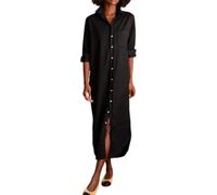 FULUJIDI Robe Femme Robe De Soiree Dress Femme Fille Femme Casual Chemise Robe Roll Up À Manches Longues Bouton Bas Maxi Robe Revers Long Shift Jean Robe XXL Noir
