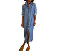 FULUJIDI Robe Femme Robe De Soiree Dress Femme Fille Femme Casual Denim Chemise Robe Roll Up À Manches Longues Bouton Bas Maxi Robe Revers Long Shift Jean Robe XXL Lightblue