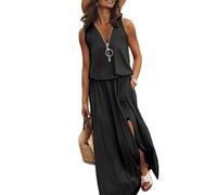 FULUJIDI Robe Femme Robe De Soiree Dress Femme Fille Femme sans Manches Robe Longue Casual Fermeture Éclair sur Le Front Col en V Dame Maxi Robe avec Poche Fendue Femme Robe XXL Noir