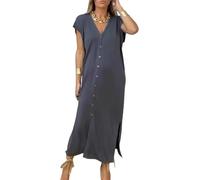 FULUJIDI Robe Femme Robe De Soiree Dress Femme Fille Femmes Robe Casual À Manches Courtes Lâche Dame Robe Col en V Bouton Bas Femme Chemise Robe pour La Vie Quotidienne Rencontres M Darkgray