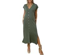 FULUJIDI Robe Femme Robe De Soiree Dress Femme Fille Femmes Robe Casual À Manches Courtes Lâche Dame Robe Col V Bouton Bas Femme Chemise Robe pour La Vie Quotidienne Rencontres XXL Vert