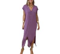 FULUJIDI Robe Femme Robe De Soiree Dress Femme Fille Femmes Robe Casual À Manches Courtes Lâche Dame Robe Col en V Bouton Bas Femme Chemise Robe pour La Vie Quotidienne Rencontres L Violet