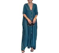 FULUJIDI Robe Femme Robe De Soiree Dress Femme Fille Femmes Robe Col V Patte Boutonnée Manches Dame Chemise Robe Solide Coupe Ample Satin Femme Casual Dress 3XL Vert