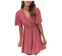 FULUJIDI Robe Femme Robe De Soiree Dress Femme Fille Femmes Robes À Manches Vintage Imprimé Col en V Mini Robe Sexy Dames Casual Beach Party Robes XL Bz008-3