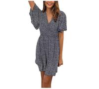FULUJIDI Robe Femme Robe De Soiree Dress Femme Fille Femmes Robes À Manches Vintage Imprimé Col en V Sexy Mini Robe Dames Casual Beach Party Robes XL Bz008-6