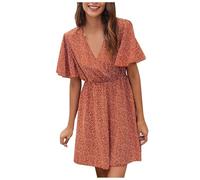 FULUJIDI Robe Femme Robe De Soiree Dress Femme Fille Femmes Robes À Manches Vintage Imprimé Col en V Mini Robe Sexy Dames Casual Beach Party Robes S Bz008-4