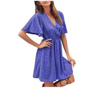 FULUJIDI Robe Femme Robe De Soiree Dress Femme Fille Femmes Robes À Manches Vintage Imprimé Col en V Mini Robe Sexy Dames Casual Beach Party Robes L Bz008-8
