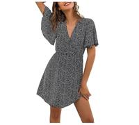 FULUJIDI Robe Femme Robe De Soiree Dress Femme Fille Femmes Robes À Manches Vintage Imprimé Col en V Mini Robe Sexy Dames Casual Beach Party Robes XL Bz008-7