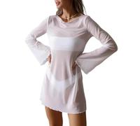 FULUJIDI Robe Femme Robe De Soiree Dress Femme Fille Maillot De Bain Sexy en Maille Transparente pour Femmes Couvrir Jusqu’À Col Rond Longues Manches Cloche Plage Moulante Mini Robe XL Blanc