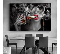 Fumer Boire Fille Toile Peinture Bar Salon Affiche Mode Maquillage Femme Art Photo Salon Bar Décoration Murale 80x105cm(31.5x41.3in) Avec Cadre