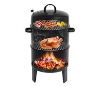 Fumoir vertical au charbon de bois 3 en 1 rond robuste | 40 cm de diamètre, 84 cm de hauteur, 2 niveaux - Grand fumoir noir, pour camping, balcon et fêtes en plein air