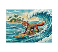 Fun Beach Fox Surf Puzzle de 500 pièces en bois pour adultes, animaux côtiers, décoration imprimée vague cool pour divertissement créatif