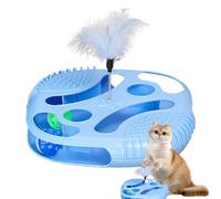Fun Cat Track Toy, Play Tray Cat Toys, Interactive Cat Exercise Balls, Teasing Feather Cats Toy 30x30x20cm for Pet Cats, Home, Indoor, Travel, Present, Pet Interaction, Blue, Yellow Color