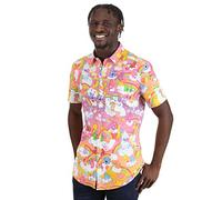 Fun Costumes Sunshine and Rainbows Care Bears Shirt, Allover Pattern Short Sleeve Button Up Medium