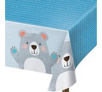Fun Express Adorable Nappe en Plastique Bleu Happy Little Bear - 137,2 x 274,3 cm (1 pièce) - Parfaite pour Les fêtes d'anniversaire, Les fêtes prénatales et Les Pique-niques en Plein air