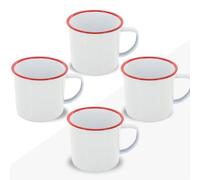 FUN FAN LINE Ensemble de 4 tasses en métal émaillé rétro - Bordure Rouge | Ensemble de tasses de petit-déjeuner vintage de 380 ml - pour café, thé ou chocolat - kit de tasses cadeaux