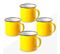 FUN FAN LINE Ensemble de 4 tasses en métal émaillé rétro - Couleur jaune | Ensemble de tasses de petit-déjeuner vintage de 380 ml - pour café, thé ou chocolat - kit de tasses cadeaux