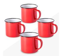 FUN FAN LINE Ensemble de 4 tasses en métal émaillé rétro - couleur rouge | Ensemble de tasses de petit-déjeuner vintage de 380 ml - pour café, thé ou chocolat - kit de tasses cadeaux