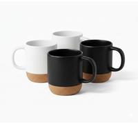 FUN FAN LINE - Lot de 4 Grandes Tasses à Café en Céramique | Tasses Hautes Blanches et Noires avec Socle en Liège | Set de Tasses Modernes pour Petit-déjeuner et Thé | Cadeau pour Couples et Amis