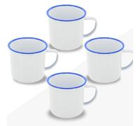 FUN FAN LINE - Lot de 4 Tasses en Métal Émaillé Rétro| Mugs de Petit-Déjeuner Vintage de 380ml | Tasse à Café et à Thé Originales | Coffret de Tasse Cadeau (Blanc avec Bleu, 4 Tasses)