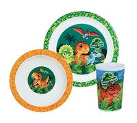 FUN HOUSE 006066 JURASSIC WORLD DINOSAURE Ensemble repas composé d’une assiette plate Ø 22 cm, d’une assiette creuse ou bol Ø 16 cm et d’un verre 220 ml pour enfant Multicolore
