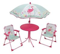 Fun House | Salon de Jardin Flamant Rose pour Enfants 3 Ans | Table Ø46 cm + 2 Chaises Pliantes + Parasol Ø100 cm | Mobilier Extérieur Été pour Jardin Terrasse ou Balcon | Idée Cadeau Enfant