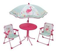 Fun House - Salon de jardin 713088 Flamant rose - Table Ø46cm + 2 chaises pliables + parasol Ø100cm