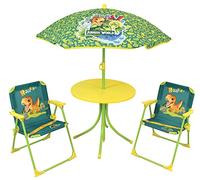 FUN HOUSE 713464 Jurassic World Salon DE Jardin Dinosaures pour Enfant avec Une Table H.46 X Ø46 CM, Deux CHAISES H.53 X L.38,5 X P.37,5 CM ET Un Parasol H.125 X Ø 100 CM Multicolore