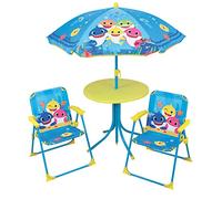 Fun House Salon de jardin Baby Shark – 1 table H46xØ46 cm, 2 chaises H53 cm, 1 parasol H125xØ100 cm