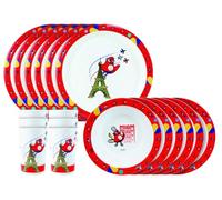 FUN HOUSE Jeux Olympiques Paris 2024 LOT Repas JO 6 Assiettes 22 cm, 6 Bols 16cm ET 6 Verres 220ml - Vaisselle réutilisable, Blanc/Rouge