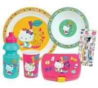 HELLO KITTY LOT VAISSELLE POUR ENFANT AVEC 1 VERRE 220 ML, 1 ASSIETTE CREUSE Ø 16 CM, 1 ASSIETTE Ø 22 CM, 1 GOURDE 350 ML, 1 BOITE GOUTER ET 2 COUVERTS H.13.5 CM - VAISSELLE REUTILISABLE