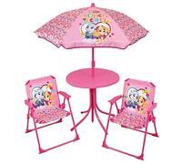 Fun House | Salon De Jardin Pat Patrouille Stella & Everest Rose pour Enfant | Table Ø46 Cm + 2 Chaises + Parasol Ø100 Cm | Licence Officielle | Mobilier Extérieur Pliable | Idée Cadeau Dès 3 Ans