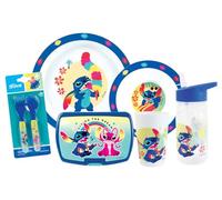 Lot Vaisselle - Fun House - Lilo Et Stitch Verre, Assiette Ø22 Cm Et Ø16 Cm, Couverts, Gourde Et Boite Goûter Bleu