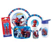 FUN HOUSE | Set Complet Boite Repas Spiderman Pour Enfant | 1 Verre + 2 Assiettes + Couverts + Gourde et Boite Goûter | Licence Officielle |Réutilisable et Micro-ondable |Marque Française |Idée Cadeau